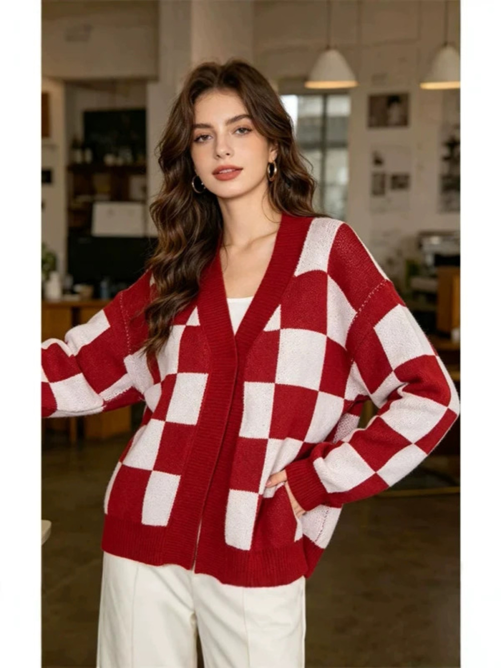 Fall Winter Casual Knitted Plaid Color Block Cardigan Sweater